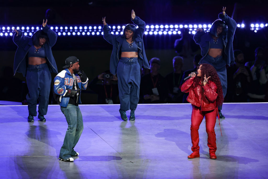 Kendrick Lamar and SZA perform at Super Bowl LIX on Feb. 9 in New Orleans, Celine, Martine Rose, Nike, bootcut jeans, flares